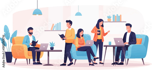 Diverse group of people collaborating and working in a modern, casual office setting