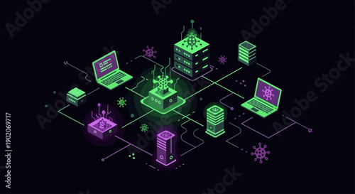 Isometric illustration of technology and computing infrastructure from a top-down viewpoint showcasing various devices and servers