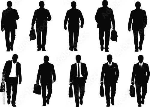 Ten black silhouette men in business suits walking with briefcases