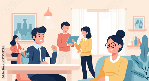 Diverse group of people collaborating and relaxing in a modern, cozy indoor setting