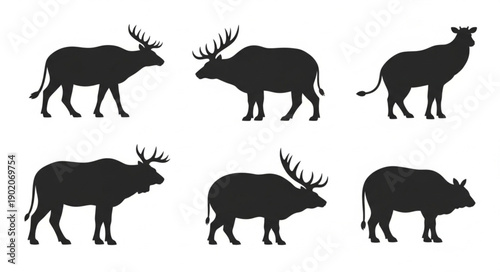 Collection of Six Black Silhouette Deer and Elk Animals.