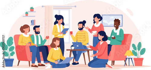 Diverse group of people interacting in a cozy living room setting