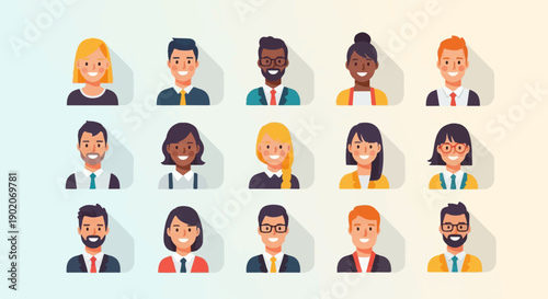 Diverse group of illustrated people in professional attire, smiling
