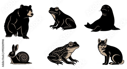 Collection of Six Diverse Animals in Stylized Illustrations.