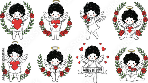 Cherub angel vector set with romantic hearts roses and wings of love for Valentine’s Day cards or wedding invitation illustrations