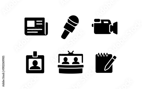 Collection of journalism and media icons including newspaper, microphone, camera, badge, news desk, and notepad