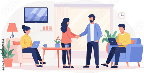 Four people in a modern living space, some working on laptops