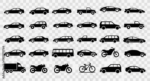 Collection of Silhouetted Vehicles on Transparent Background.