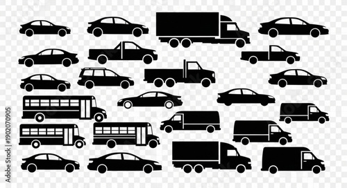 Collection of Silhouetted Vehicles on Transparent Background.
