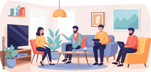 Four people interact in a cozy living room setting with technology