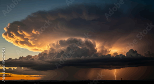 Dramatic sunset sky with colossal thunderclouds illuminated by lightning strikes