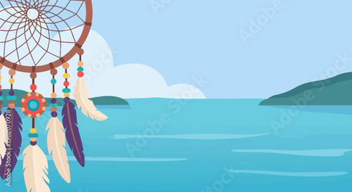 Dreamcatcher hangs over tranquil blue water with distant green hills and clouds