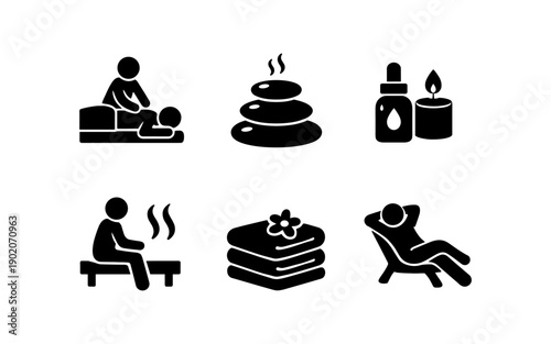 Collection of spa and wellness icons representing relaxation and self-care treatments