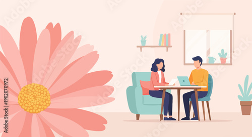 Flat design of a flower and two people working on laptops in a room