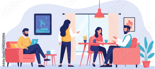 Four people relax and interact in a modern, brightly lit living room space