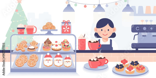 Festive bakery with Christmas tree, treats and cozy drinks served