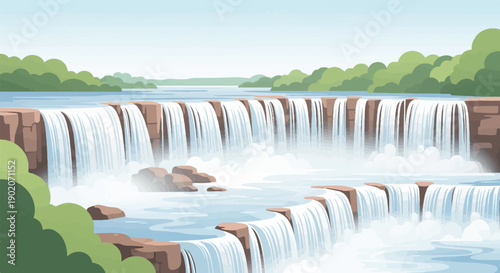 Expansive cascading waterfalls with a serene river and lush green hills in background