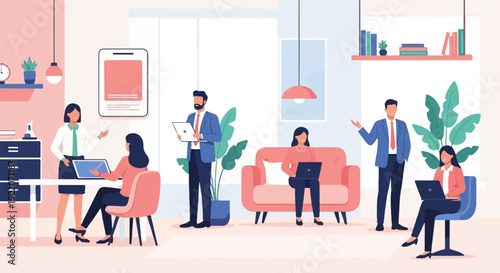 Diverse professionals collaborating in a modern office environment with laptops