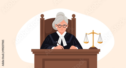 Female judge in robes, wearing glasses, writes at her desk