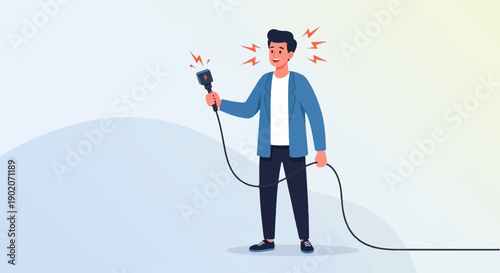 Excited man holding a charging cable with sparks emanating from the plug
