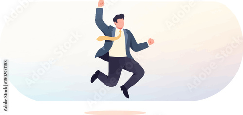 Excited businessman leaps in the air with arms raised in victory