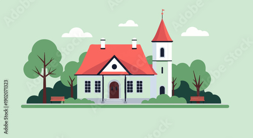 Flat illustration of a building with a tower, trees, and clouds