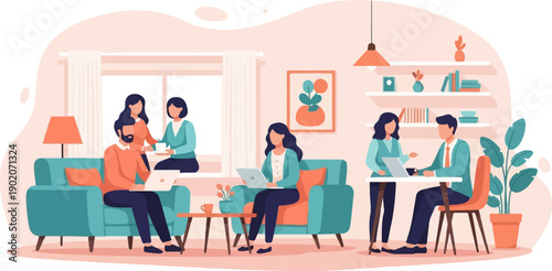 Diverse individuals collaborate and work remotely in a modern, comfortable living space