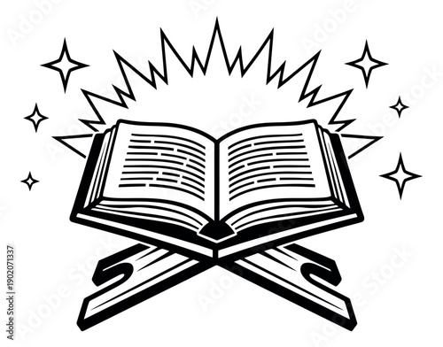 Line art illustration of a sacred book on a stand depicting spiritual wisdom for religious concepts