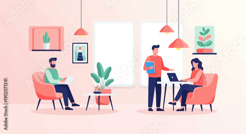 Diverse individuals collaborate in a modern, minimalist office with potted plants and ambient lighting