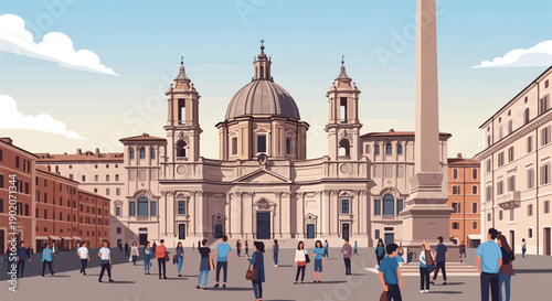 European plaza scene with classical architecture and diverse people strolling