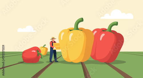 Farmer with basket and oversized bell peppers in a stylized field