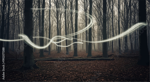 Ethereal light trails weave through a dark, misty forest floor carpeted in leaves
