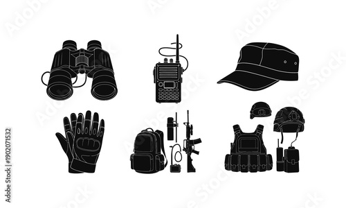 Military equipment set vector silhouettes with tactical gear radio backpack binoculars cap