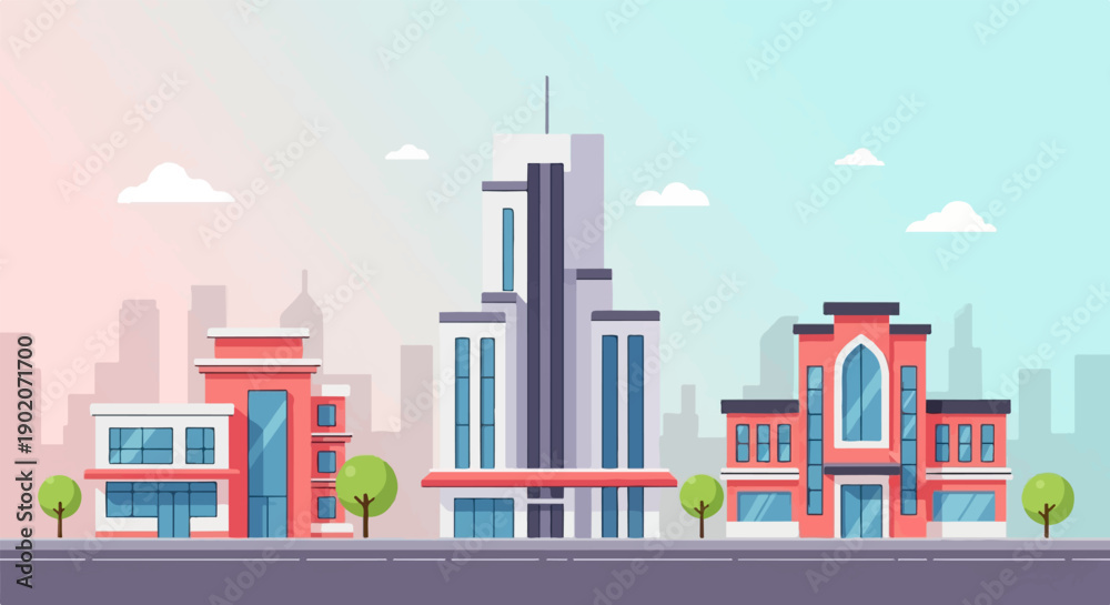 Obraz premium Flat illustration of a modern city with skyscrapers and buildings