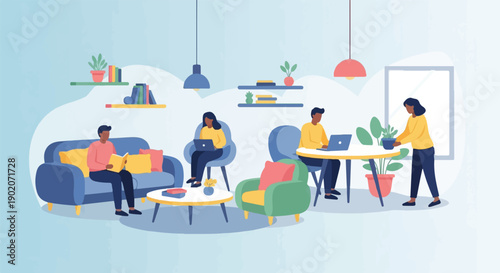 Diverse individuals engage in work and leisure activities within a contemporary living space