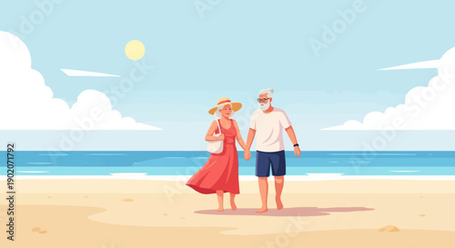 Elderly couple strolls hand-in-hand on a sandy beach under a sunny sky