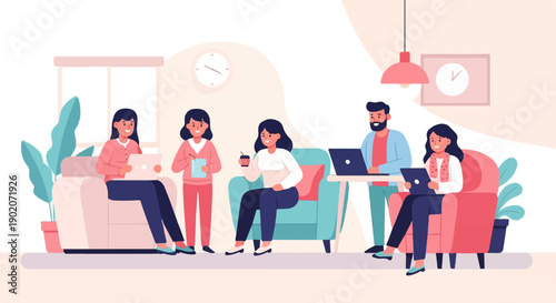 Diverse people collaborate and work on laptops in a modern, cozy interior