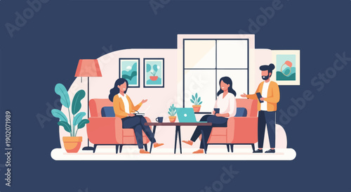 Diverse people collaborate in a modern living room setting