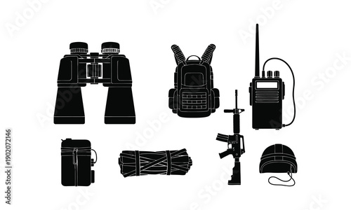 Tactical gear collection including binoculars radio backpack and rifle for field operation