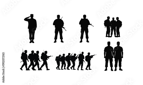 Troop formation silhouette showing soldiers marching and saluting during official military