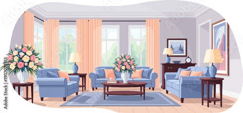 Elegant living room with blue sofas, peach curtains, and floral arrangements