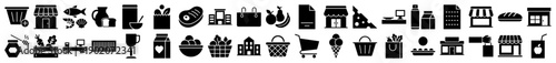 Grocery and supermarket shopping icons in a solid black filled silhouette style