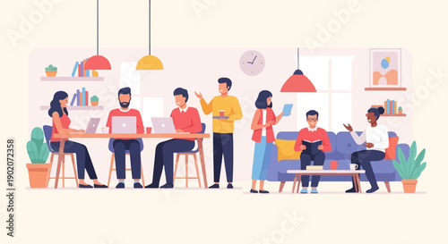 Diverse group collaborating and relaxing in a modern, bright workspace