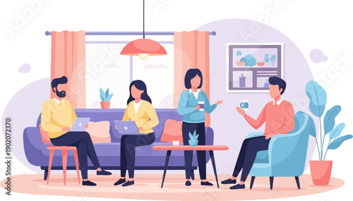 Diverse group collaborating and relaxing in a cozy home office setting