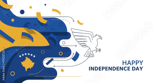 Illustration of a dove and abstract shapes in Kosovo's flag colors, celebrating Kosovo Independence Day with a patriotic and joyful mood.