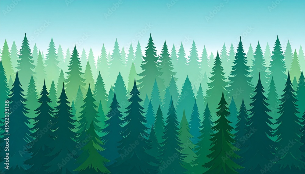 Obraz premium Tall green pine forest misty sunrise aerial view nature landscape peaceful scenery