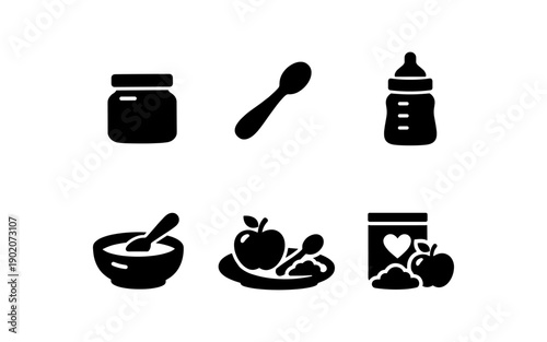 Baby food icons: jar, spoon, bottle, bowl, plate with apple, and pouch