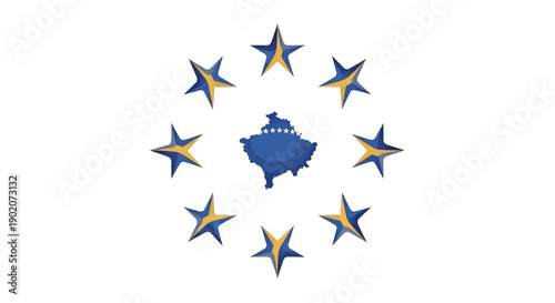 Vector illustration of the Kosovo flag with a blue map surrounded by eight blue and yellow stars on a white background, symbolizing freedom and independence.