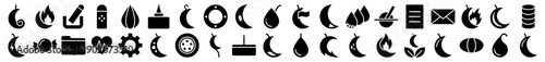 Abstract crescent and geometric glyph icons in a minimalist black filled vector style