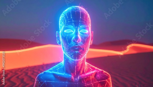 Neon Humanoid Figure in Desert Landscape - A Futuristic Vision.